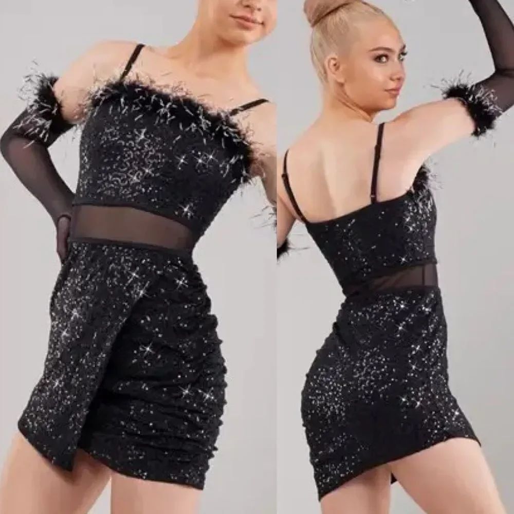 Weissman elite solo Dance costume black sequin Barbie Dreams 17414 MA adult